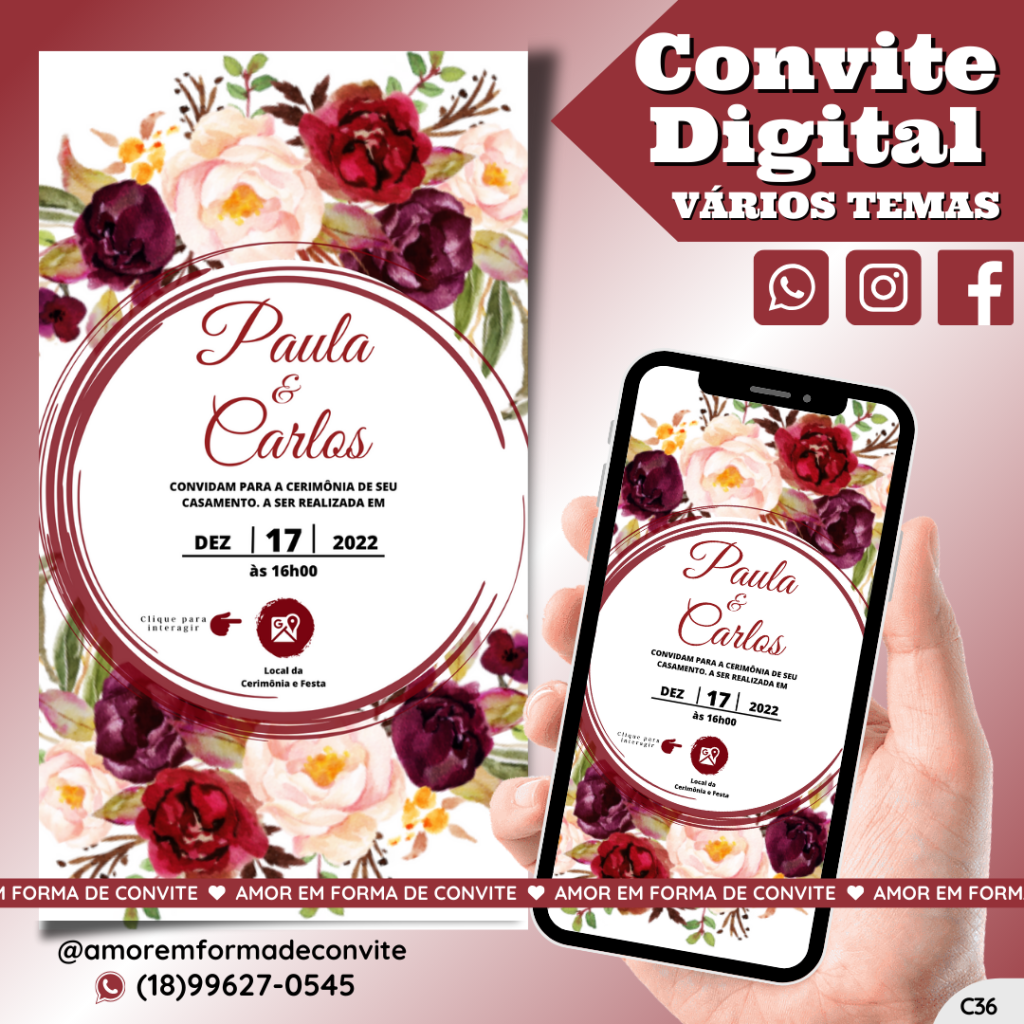 Convite Virtual Digital Interativo Floral Marsala - C36