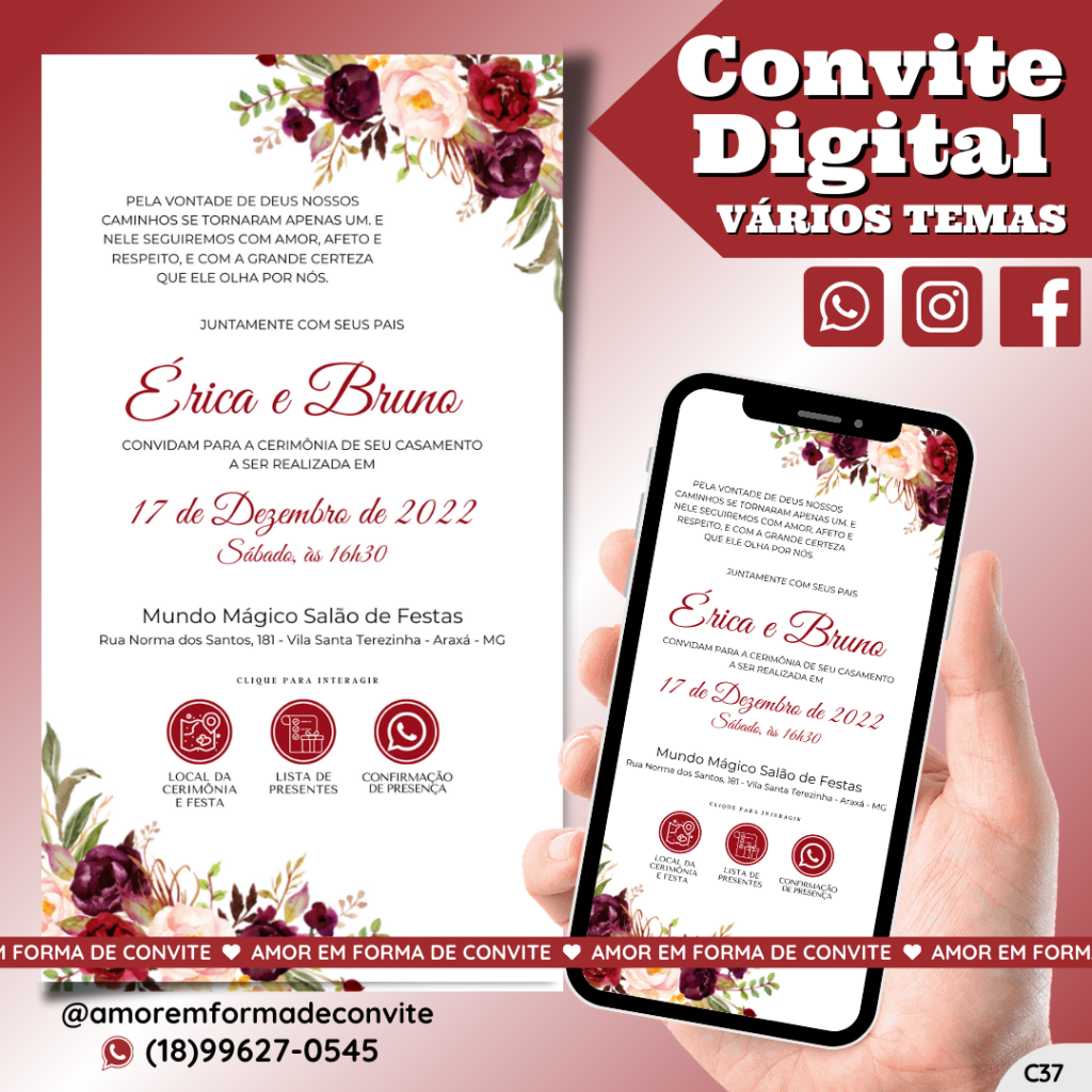Convite Virtual Digital Interativo Floral Marsala - C37