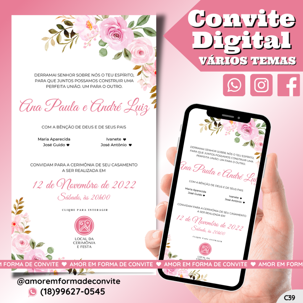 Convite Virtual Digital Interativo Floral Rosa - C39