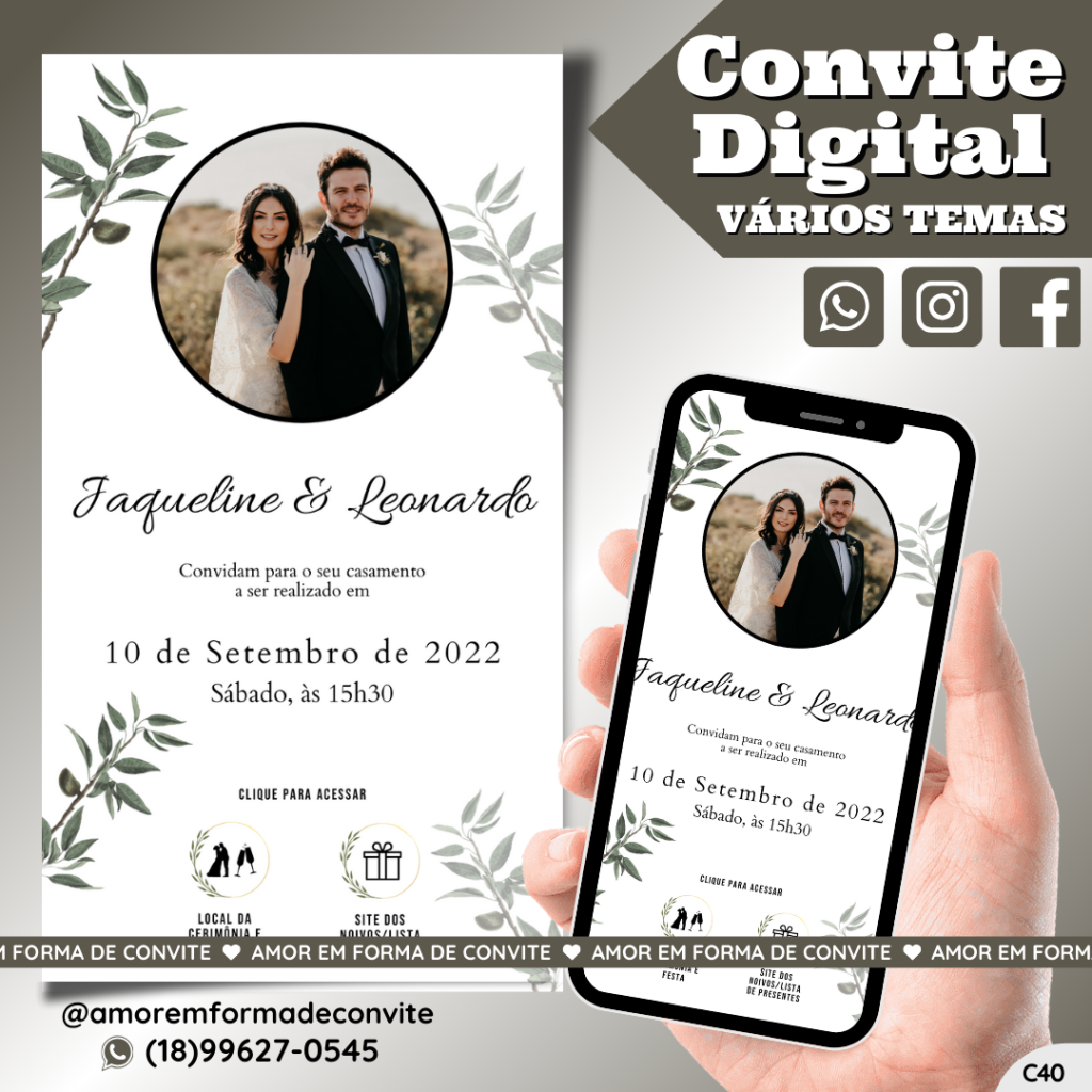 Convite Virtual Digital Interativo Folhas Verdes com Foto- C40