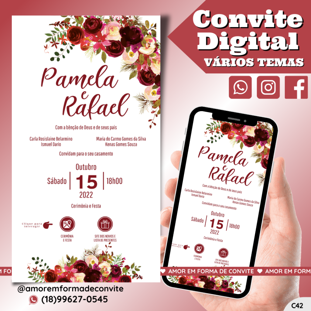Convite Virtual Digital Interativo Floral Marsala - C42