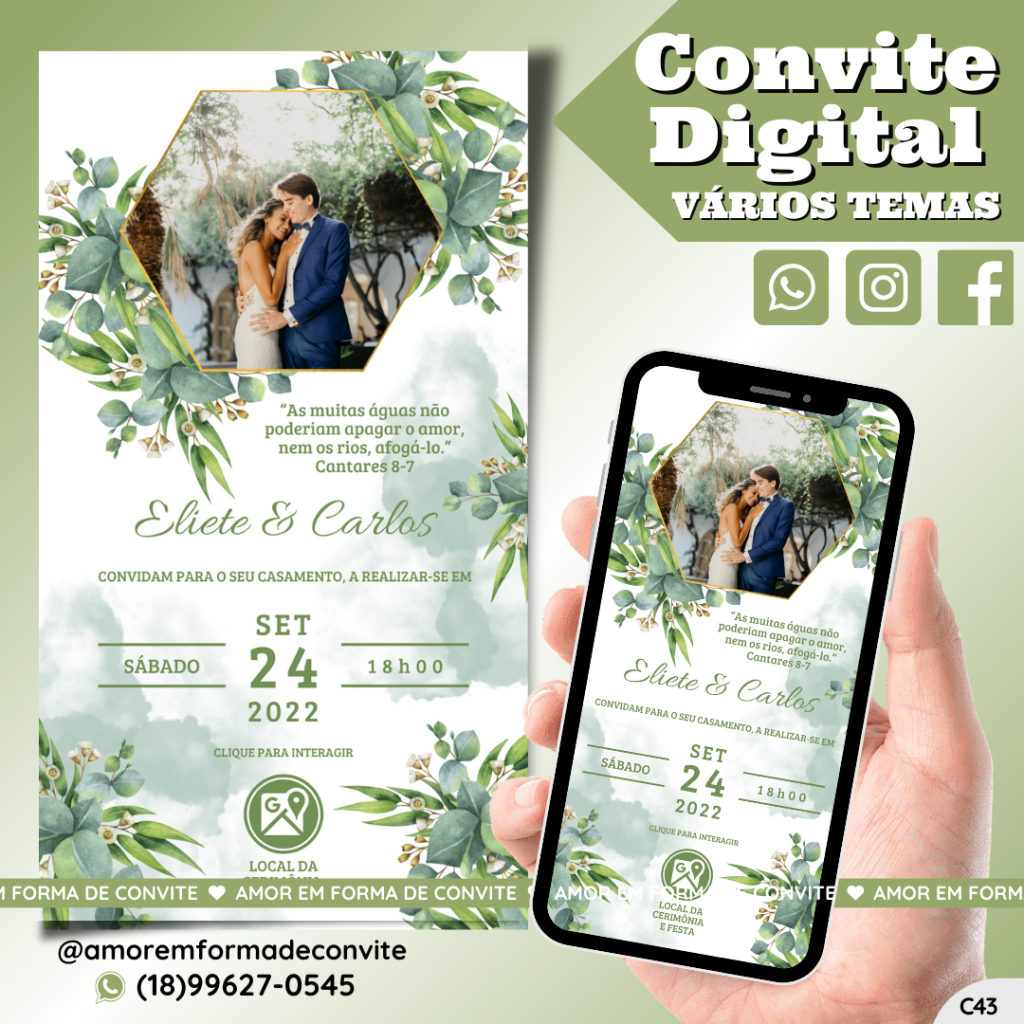 Convite Virtual Digital Interativo Floral vVerde Oliva com Foto - C43