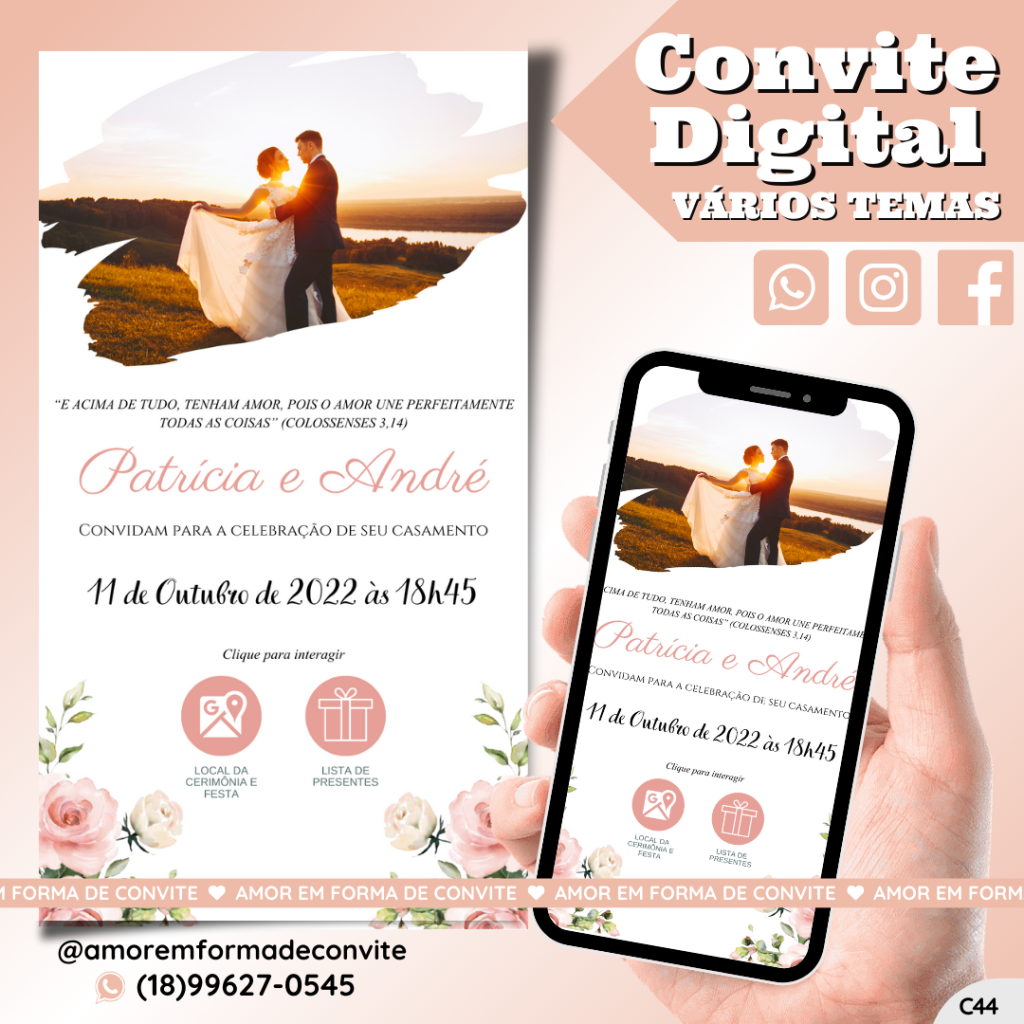 Convite Virtual Digital Interativo Floral Rose com Foto - C44