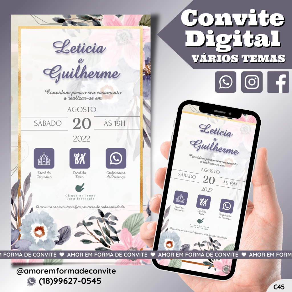 Convite Virtual Digital Interativo Floral Azul e Rosa - C45