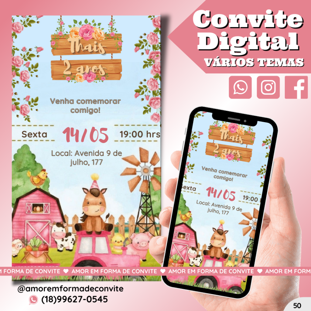 Convite Digital Infantil - Fazendinha Rosa - 49