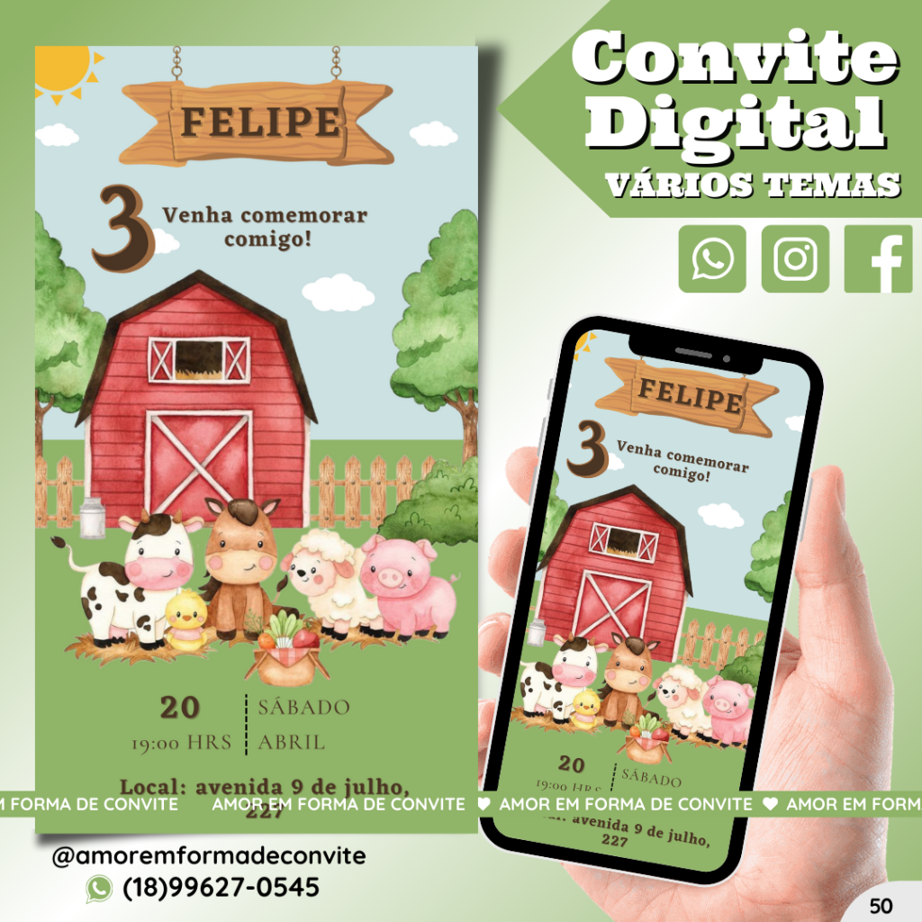 Convite Digital infantil - Fazendinha - 50