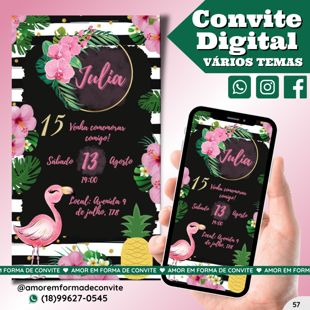 Convite Digital Infantil - Flamingo Abacaxi - 57