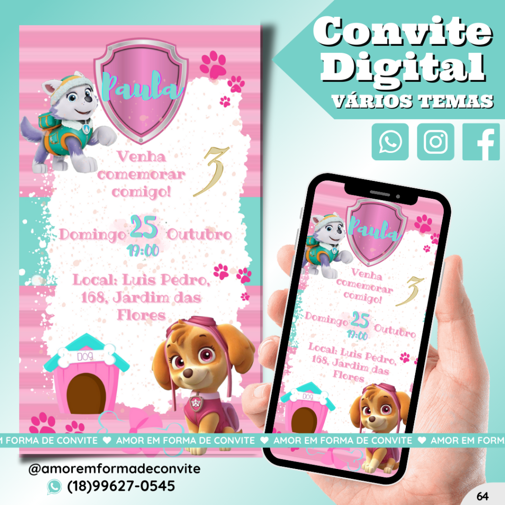 Convite Digital Infantil - Patrulha Canina Feminino - 64