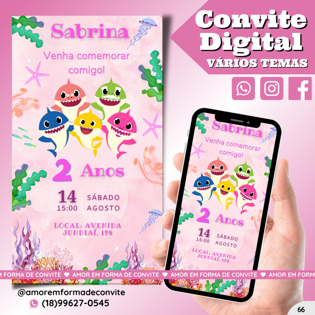 Convite Digital Infantil - Baby Shark Feminino - 66