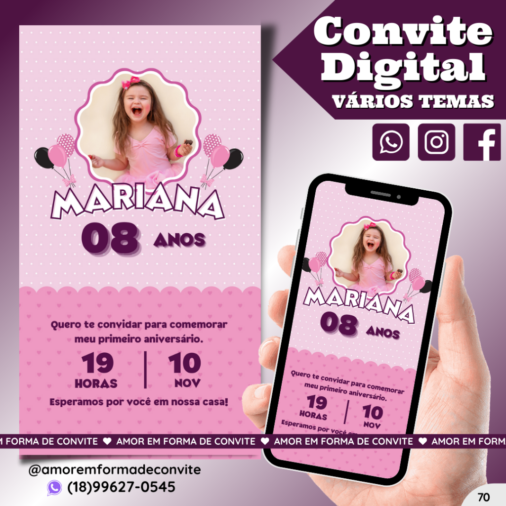 Convite Digital Infantil - Rosa com foto - 70