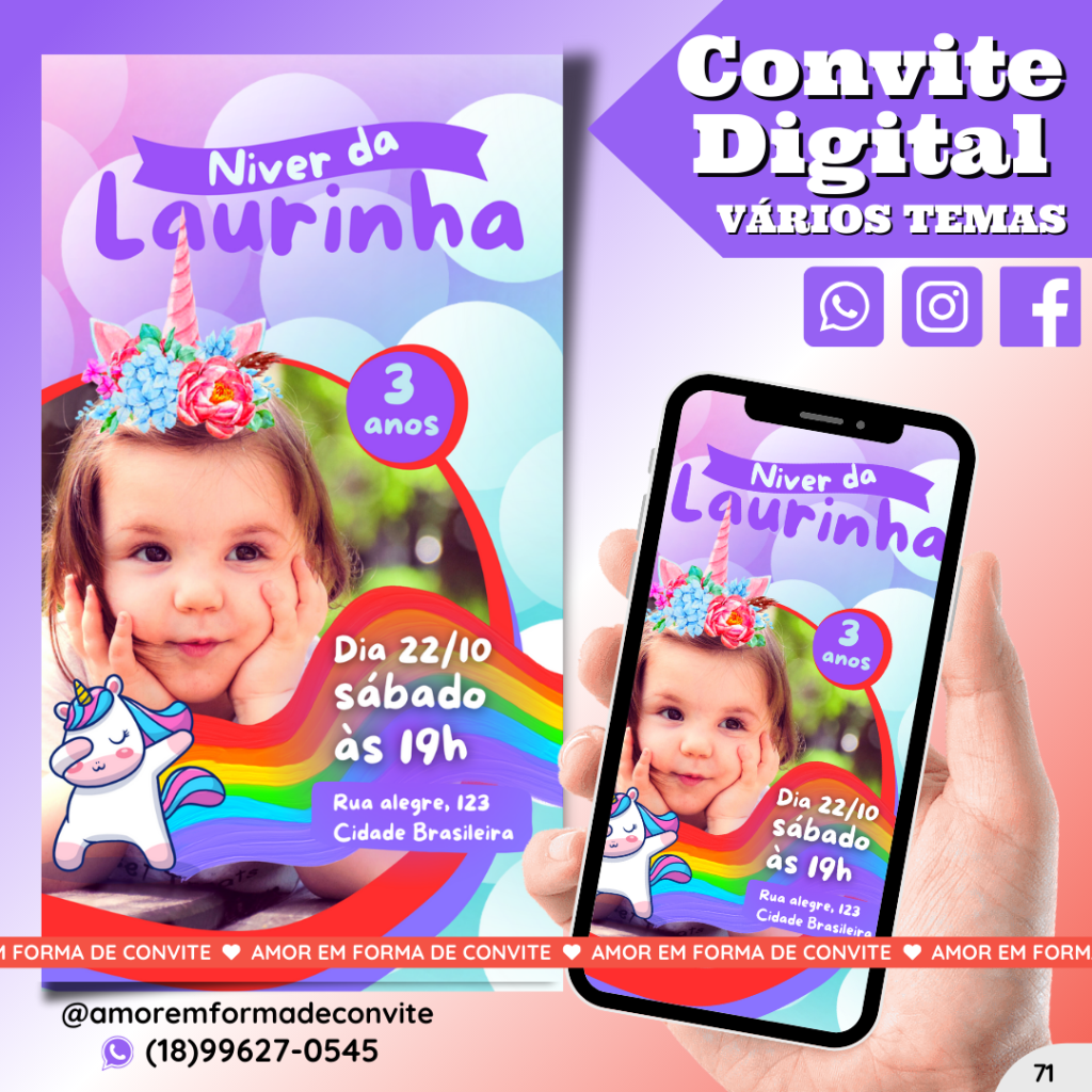 Convite Digital Infantil - Unicórnio - 71 