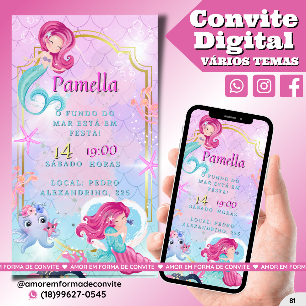 Convite Digital Infantil - Sereia - 80