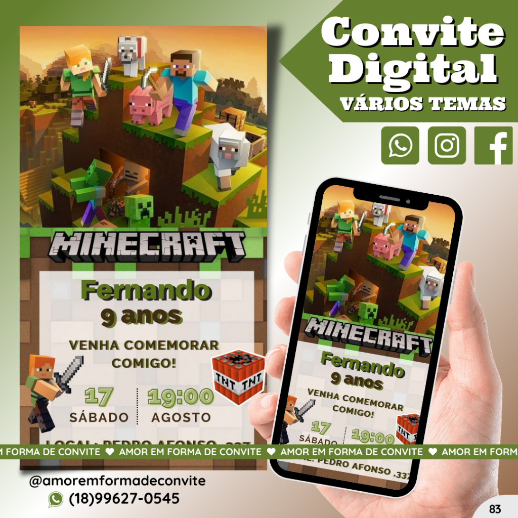 Convite Digital Infantil - Minecraft - 83