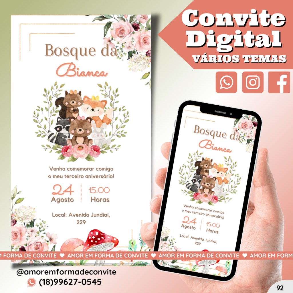 Convite Digital Infantil - Ursinho Bosque 2 - 92