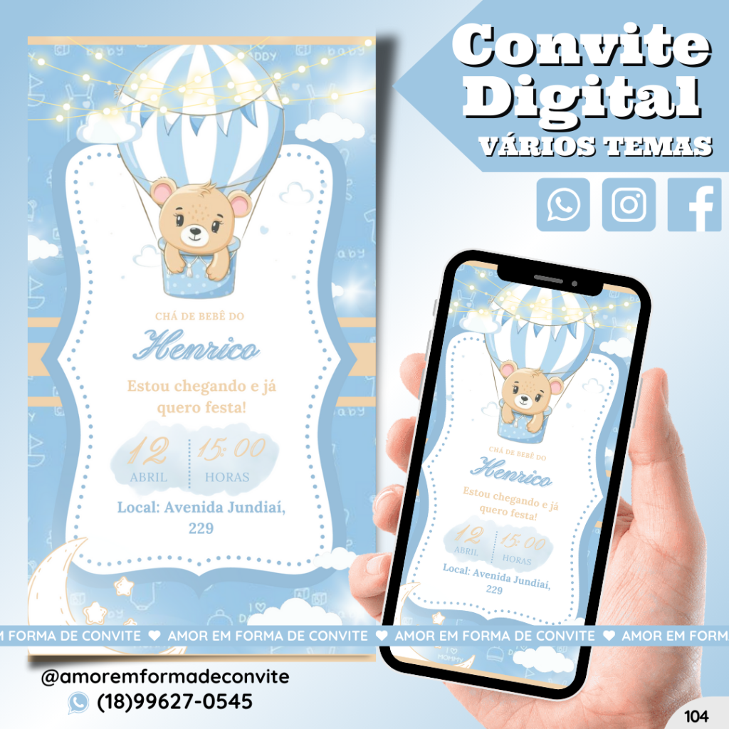 Convite Digital Infantil - Urso Balão - 104