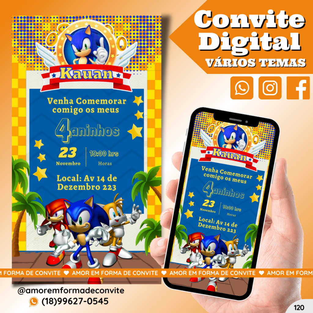 Convite Digital Infantil - Sonic - 120