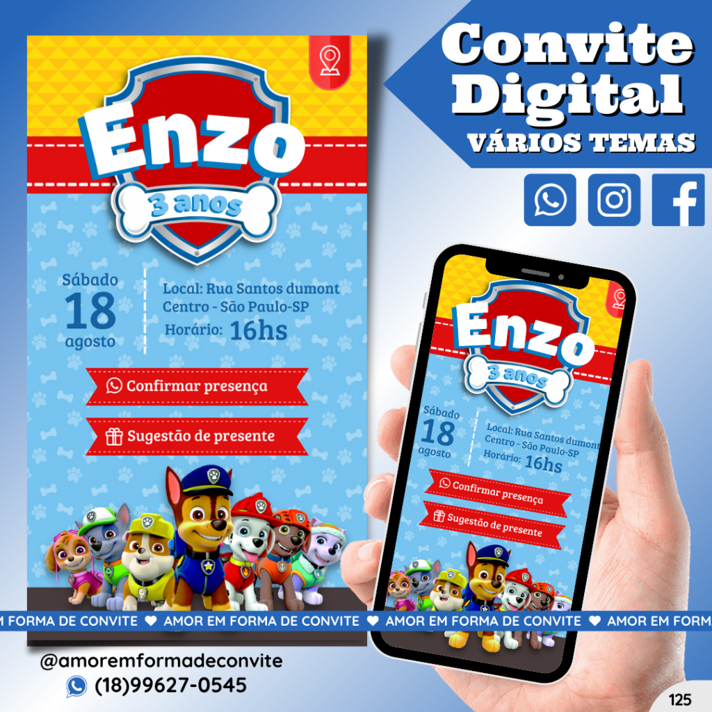 Convite Digital Infantil - Patrulha Canina - 125