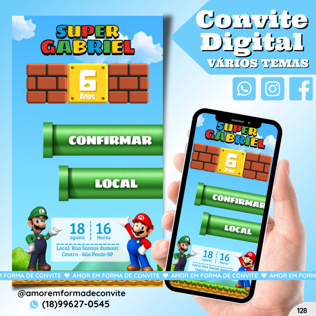 Convite Digital Infantil - Super Mário - 128