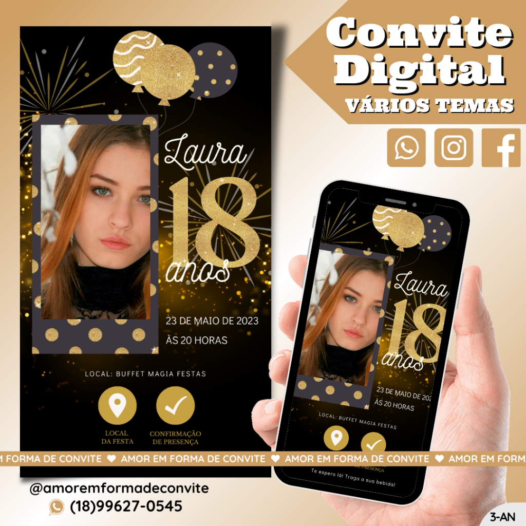 Convite Digital Aniversário - 18 anos preto e dourado com foto - 3-AN