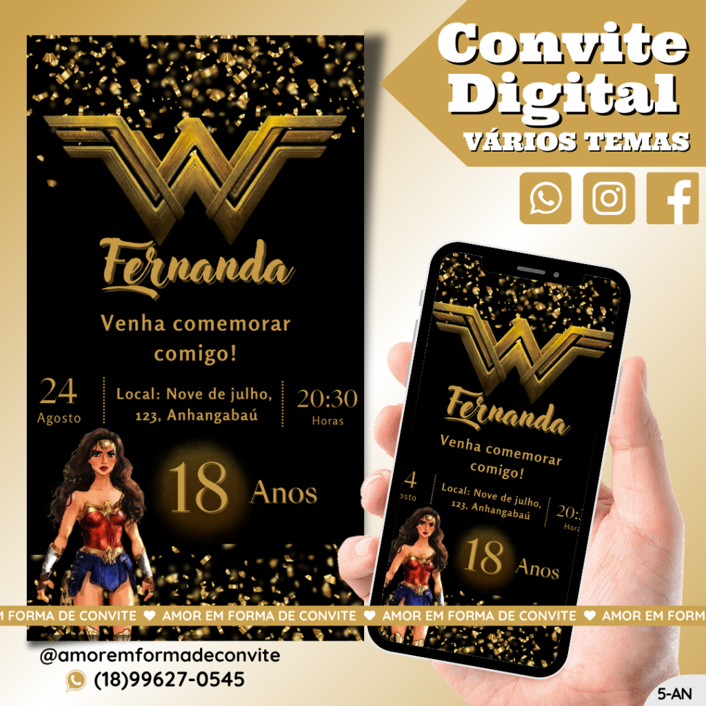 Convite Digital Aniversário - 18 anos Mulher Maravilha - 5-AN