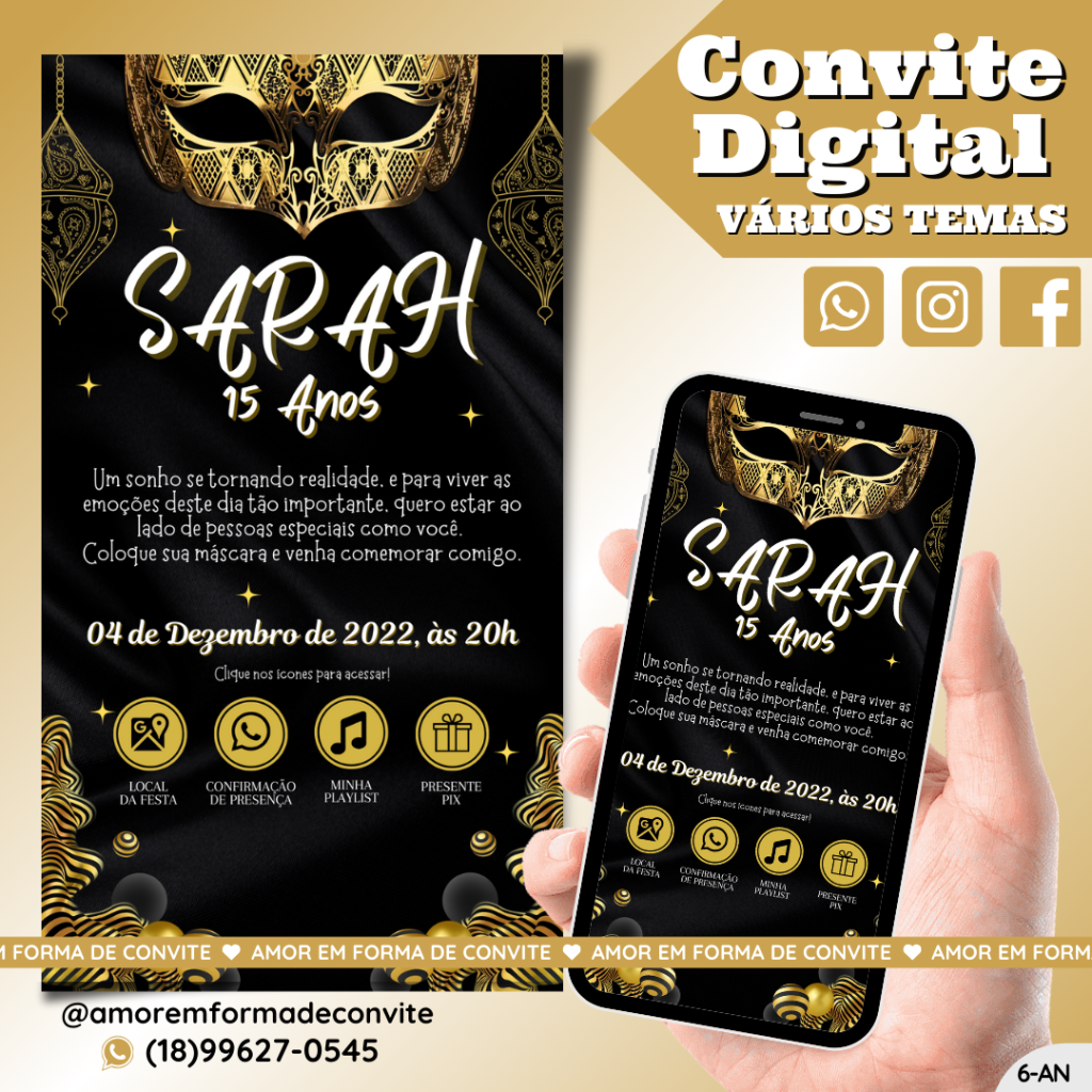 Convite Digital Aniversário - 15 anos baile de Máscaras - 6-AN