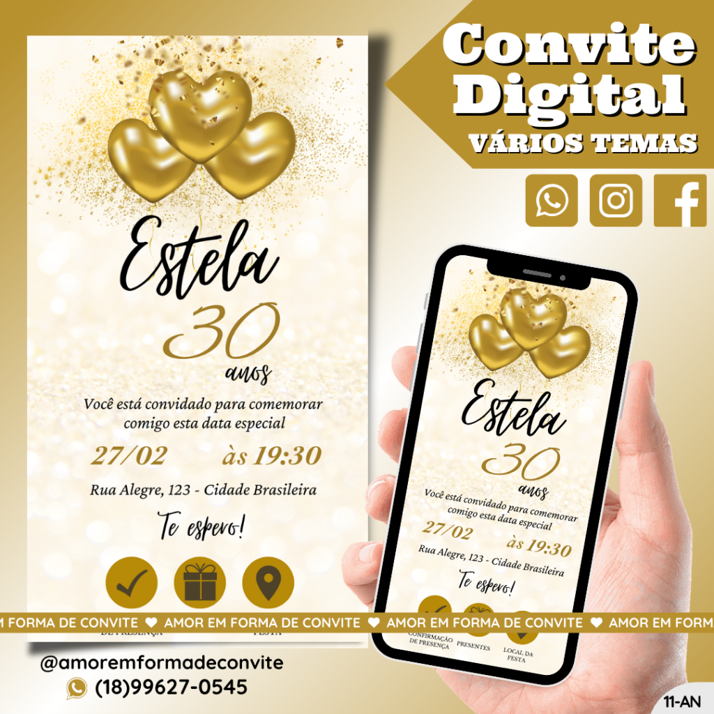 Convite Digital Aniversário - 30 Anos Dourado - 11-AN