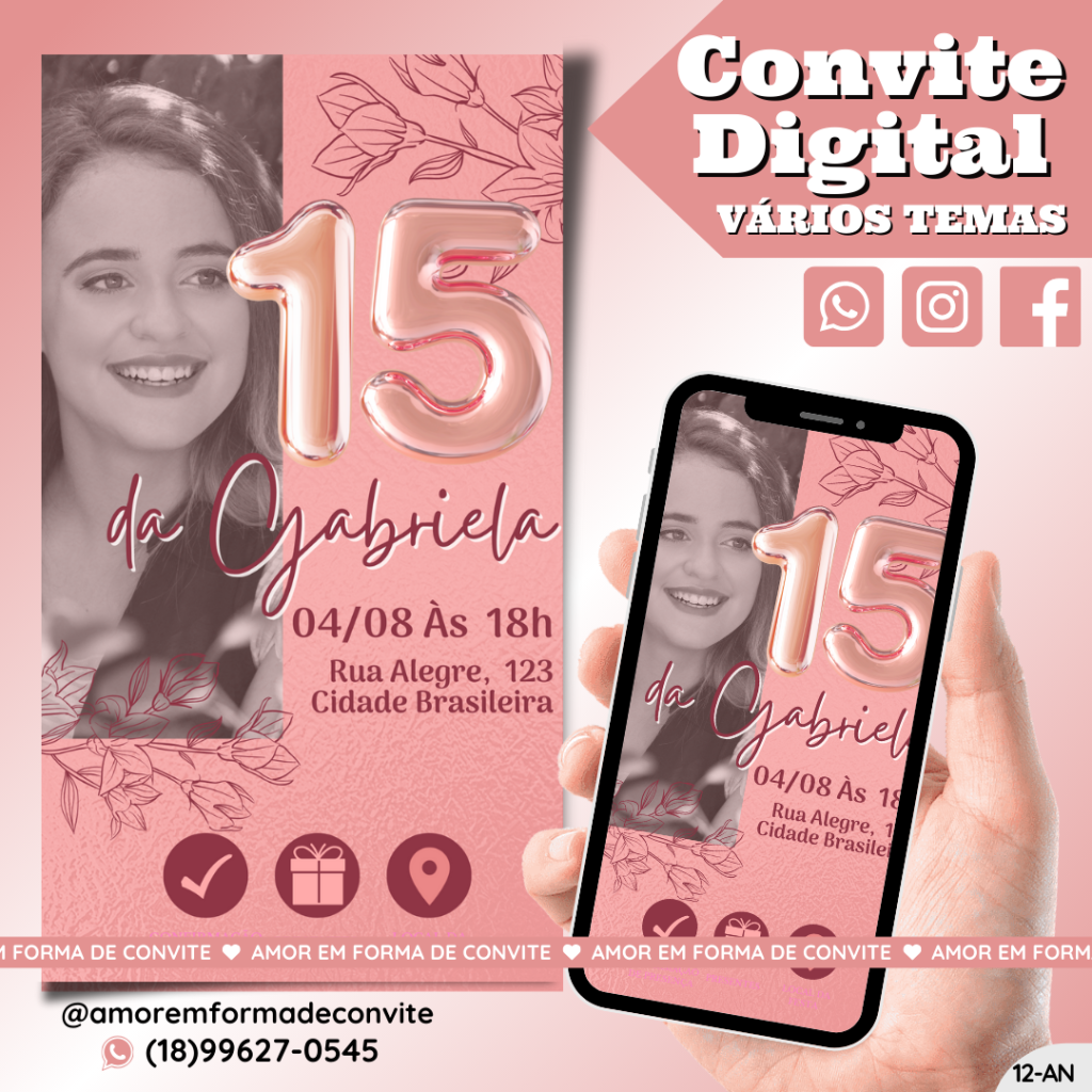 Convite de Aniversário - 15 Anos Rose com Foto - 12-AN
