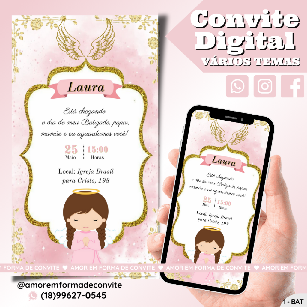 Convite Digital Batizado - Rose menina - 1-BAT
