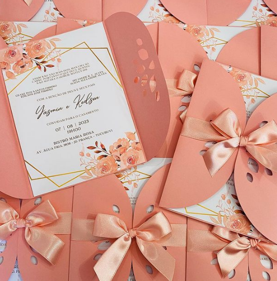 Convite para Casamento com envelope Salmão Rose Rosa - CV21