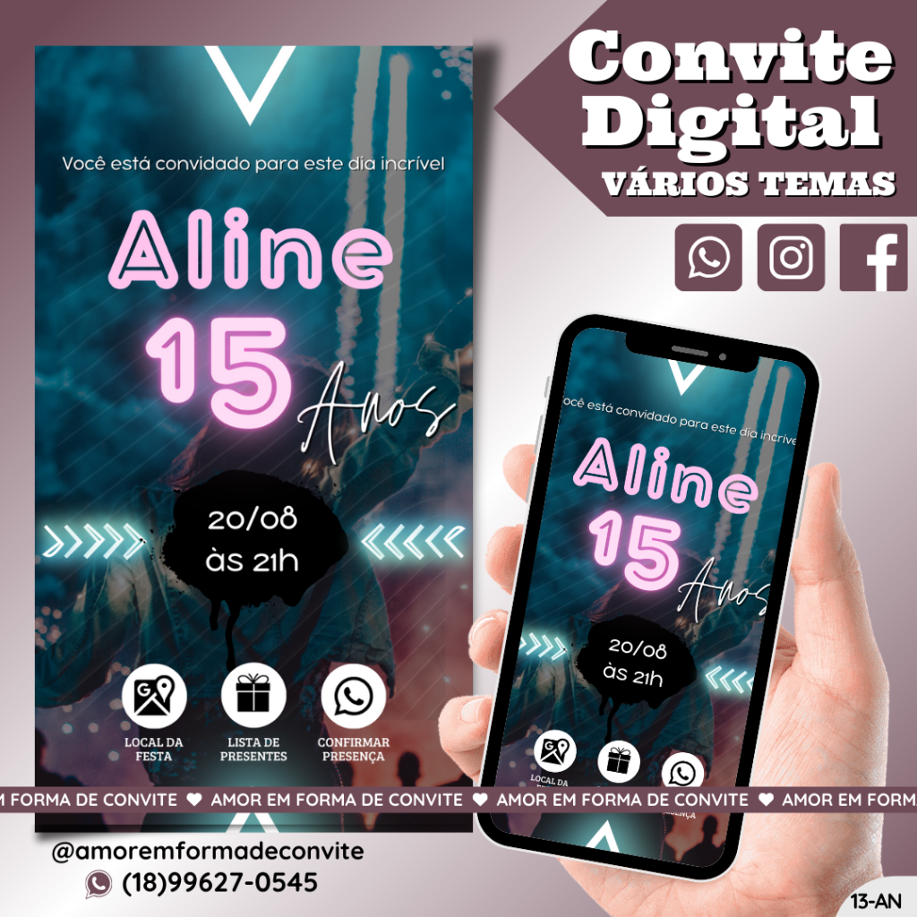 Convite de Aniversário - 15 Anos Rose Neon - 13-AN