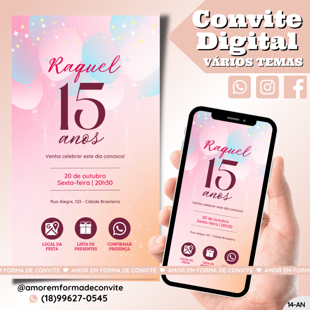 Convite de Aniversário - 15 Anos Rose Balões - 14-AN