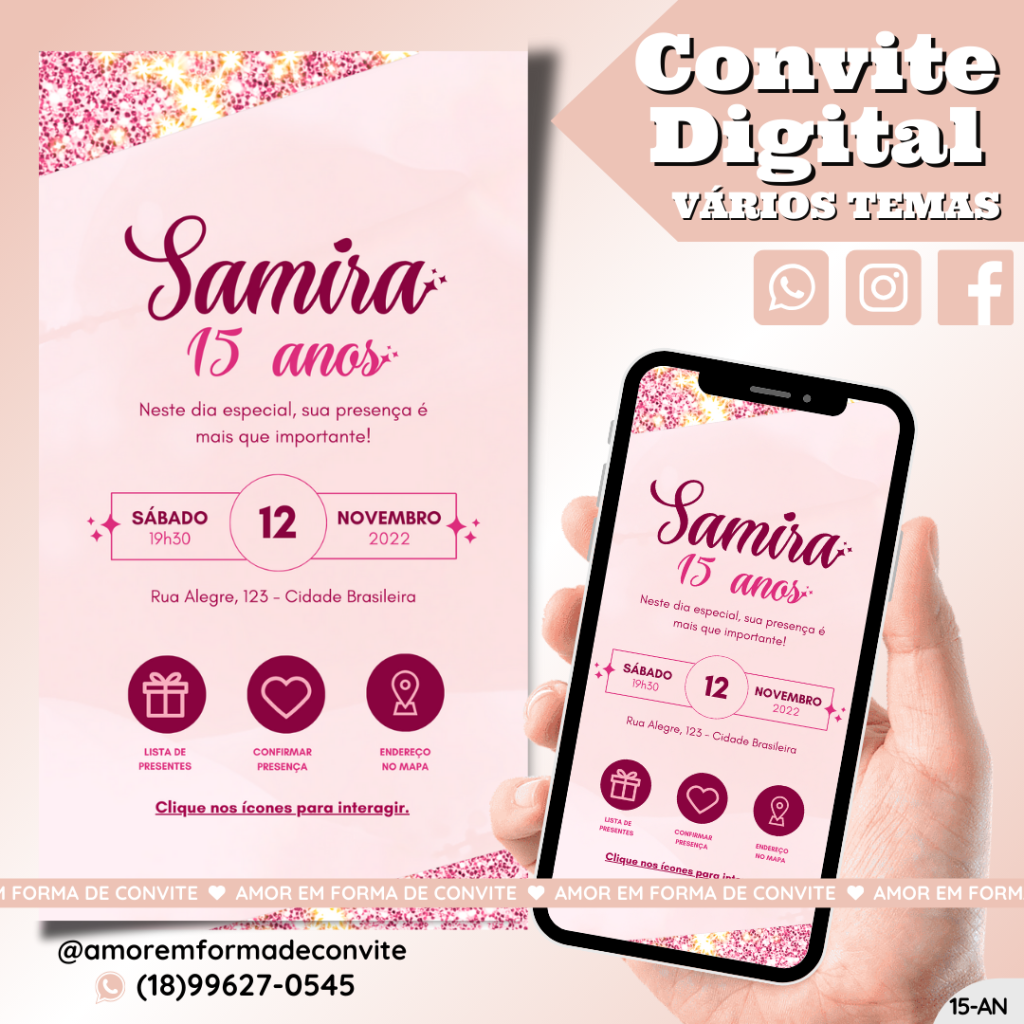 Convite de Aniversário - 15 Anos Rose Brilho - 15-AN