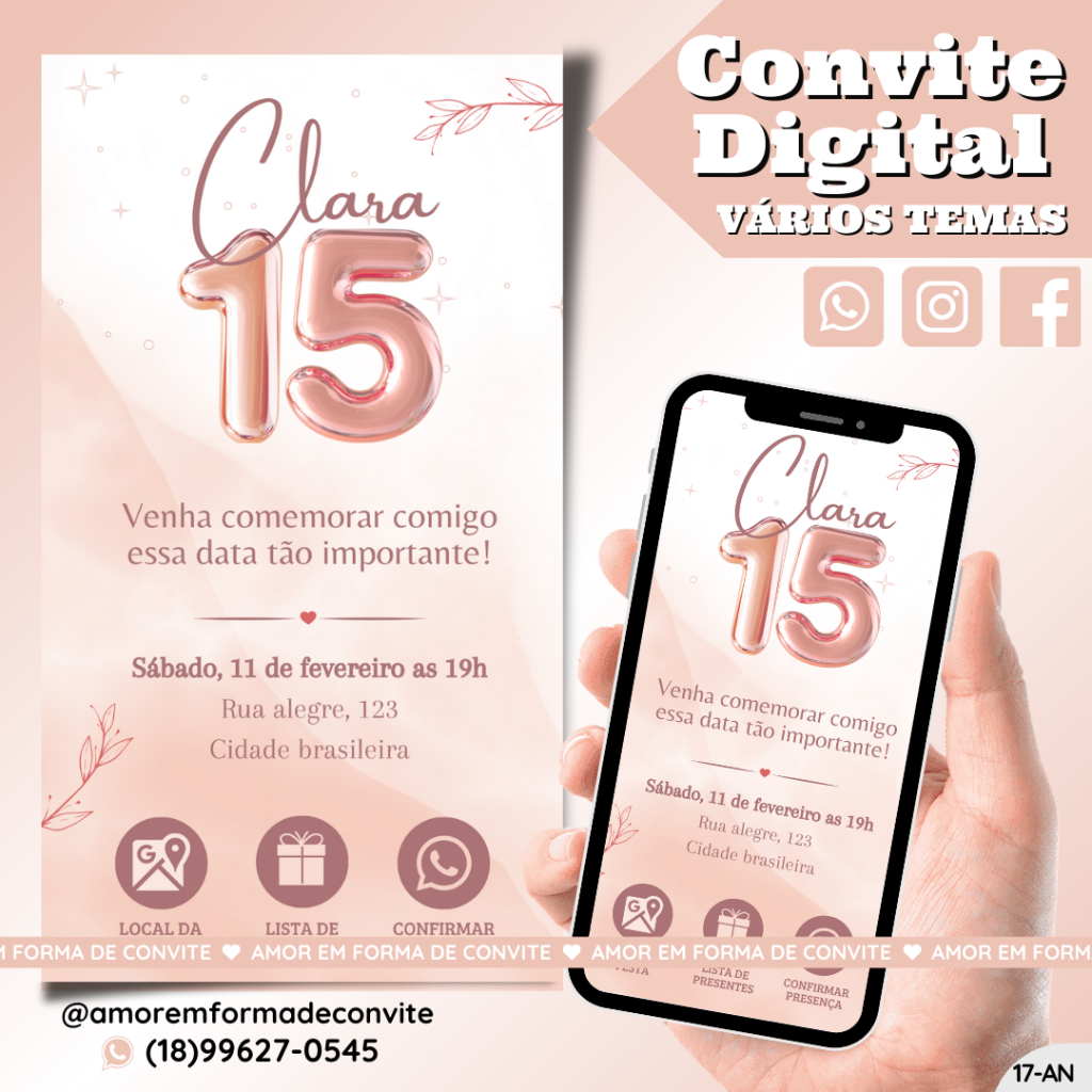 Convite de Aniversário - 15 Anos Rose Balão - 17-AN