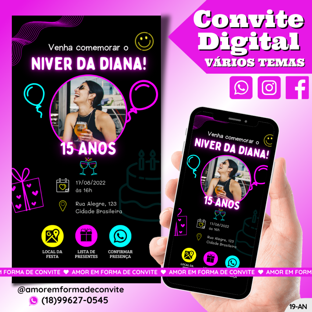 Convite de Aniversário - 15 Anos Preto Neon com Foto - 19-AN