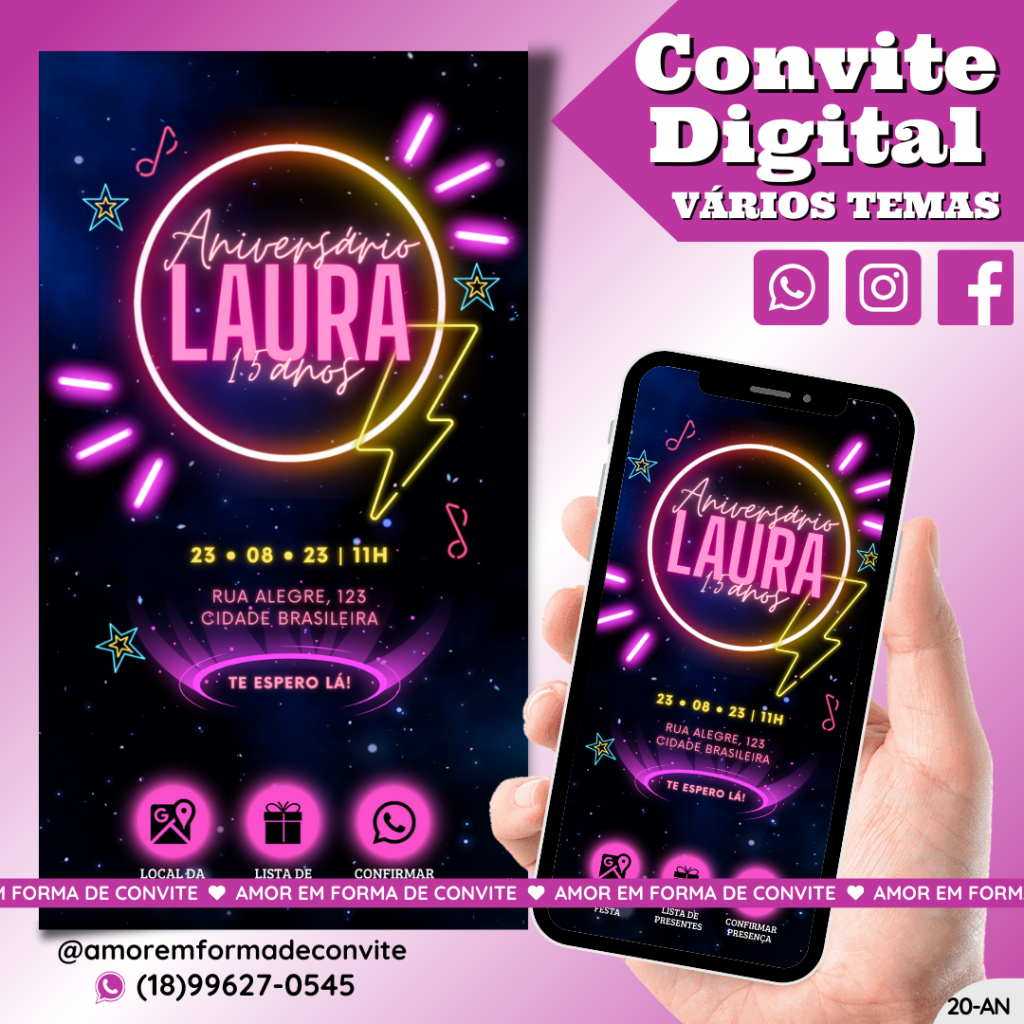 Convite de Aniversário - 15 Anos Preto Neon - 20-AN
