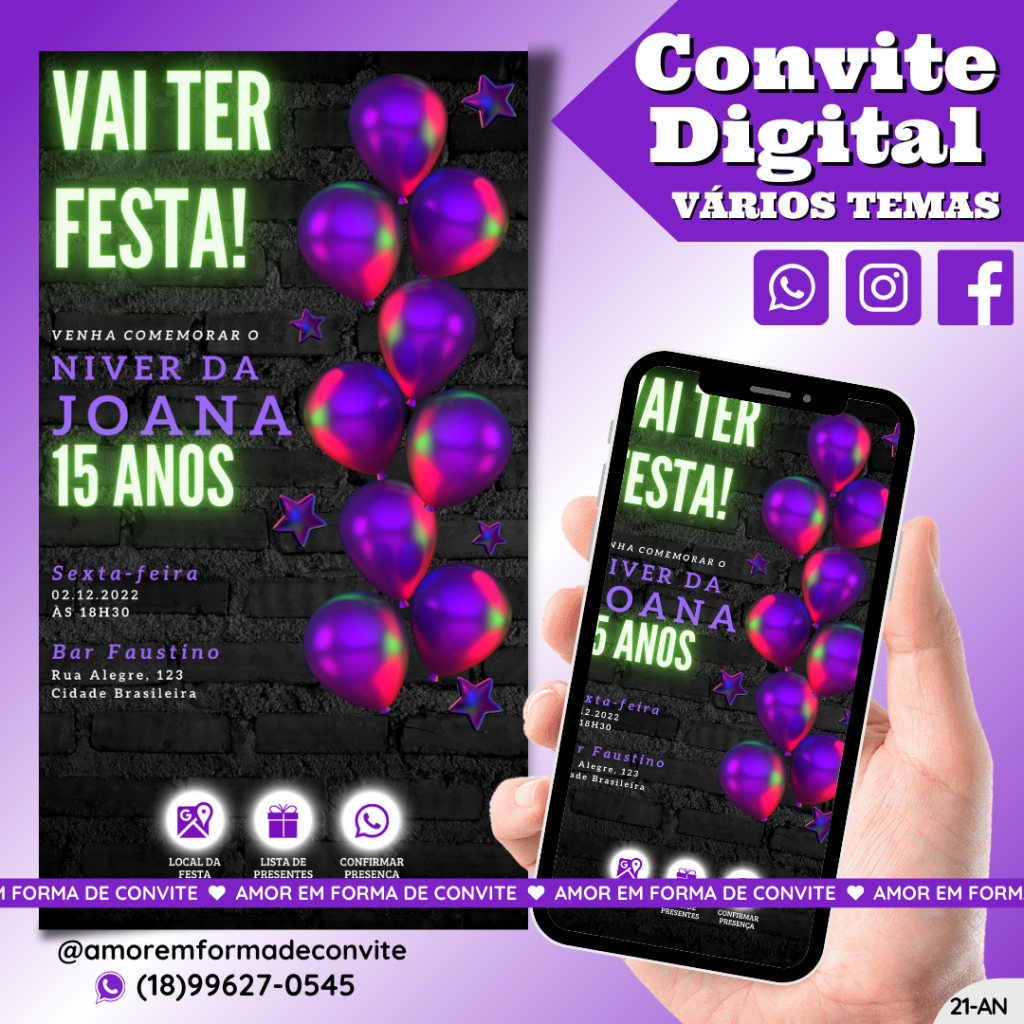Convite de Aniversário - 15 Anos Roxo Balões - 21-AN