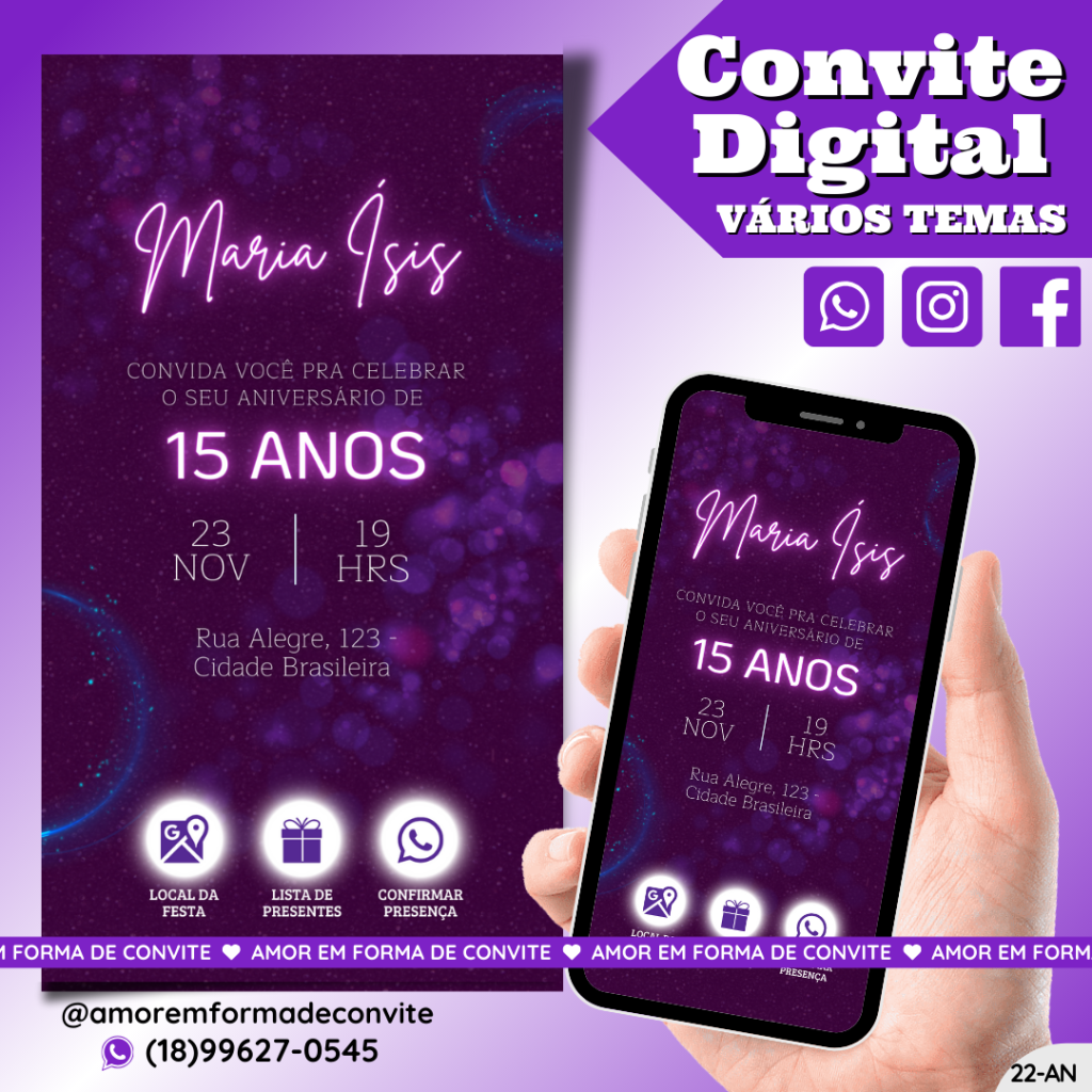 Convite de Aniversário - 15 Anos Roxo Neon - 22-AN
