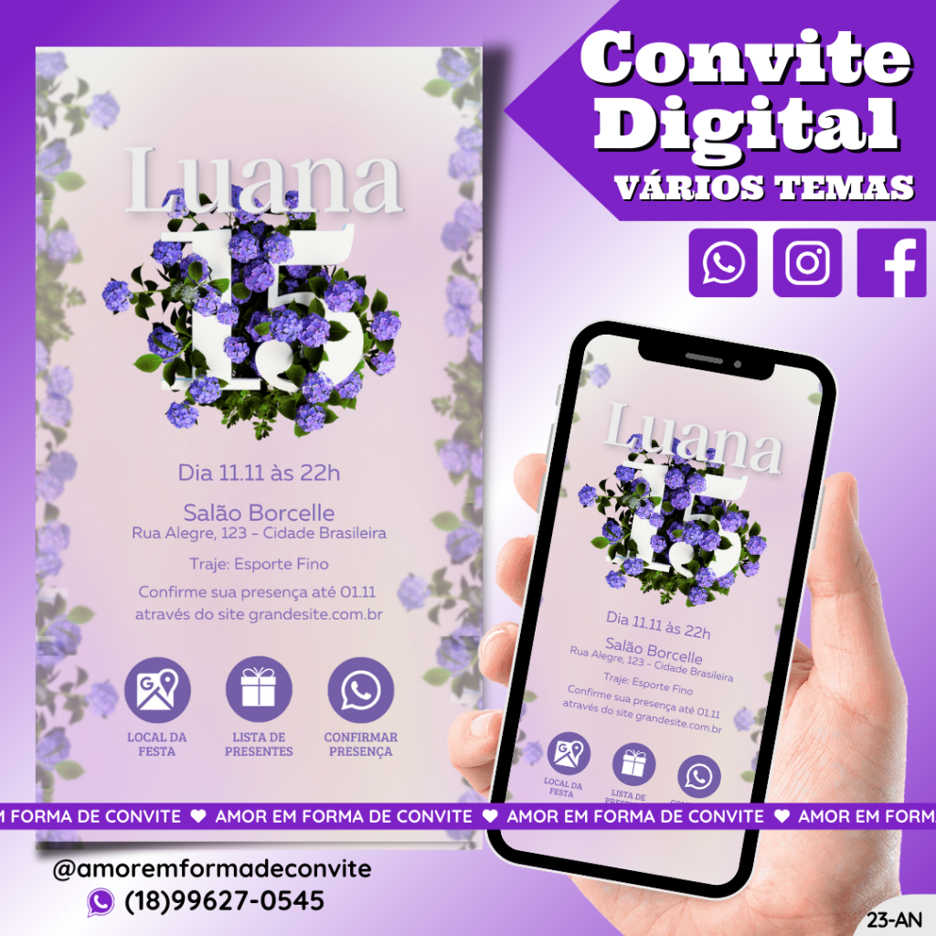 Convite de Aniversário - 15 Anos Roxo Floral - 23-AN