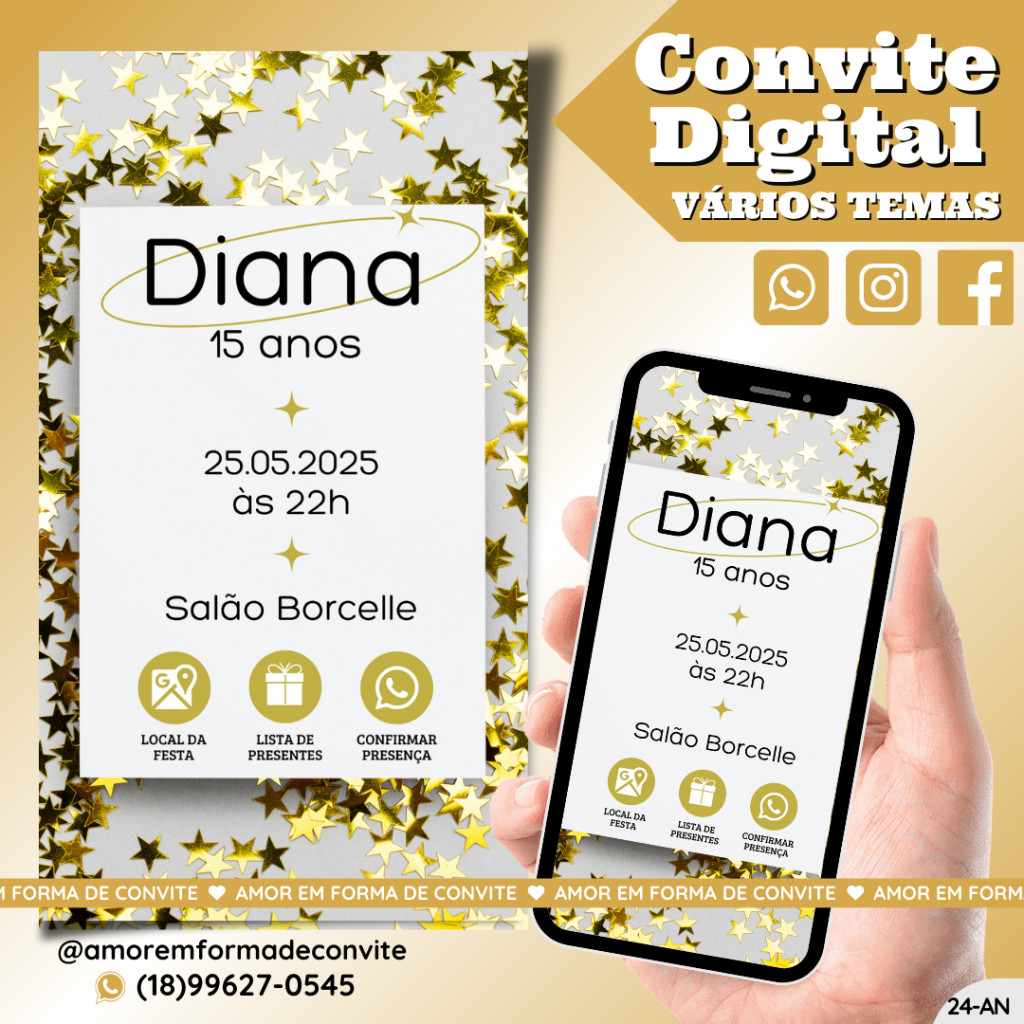 Convite de Aniversário - 15 Anos Dourado Estrelas - 24-AN