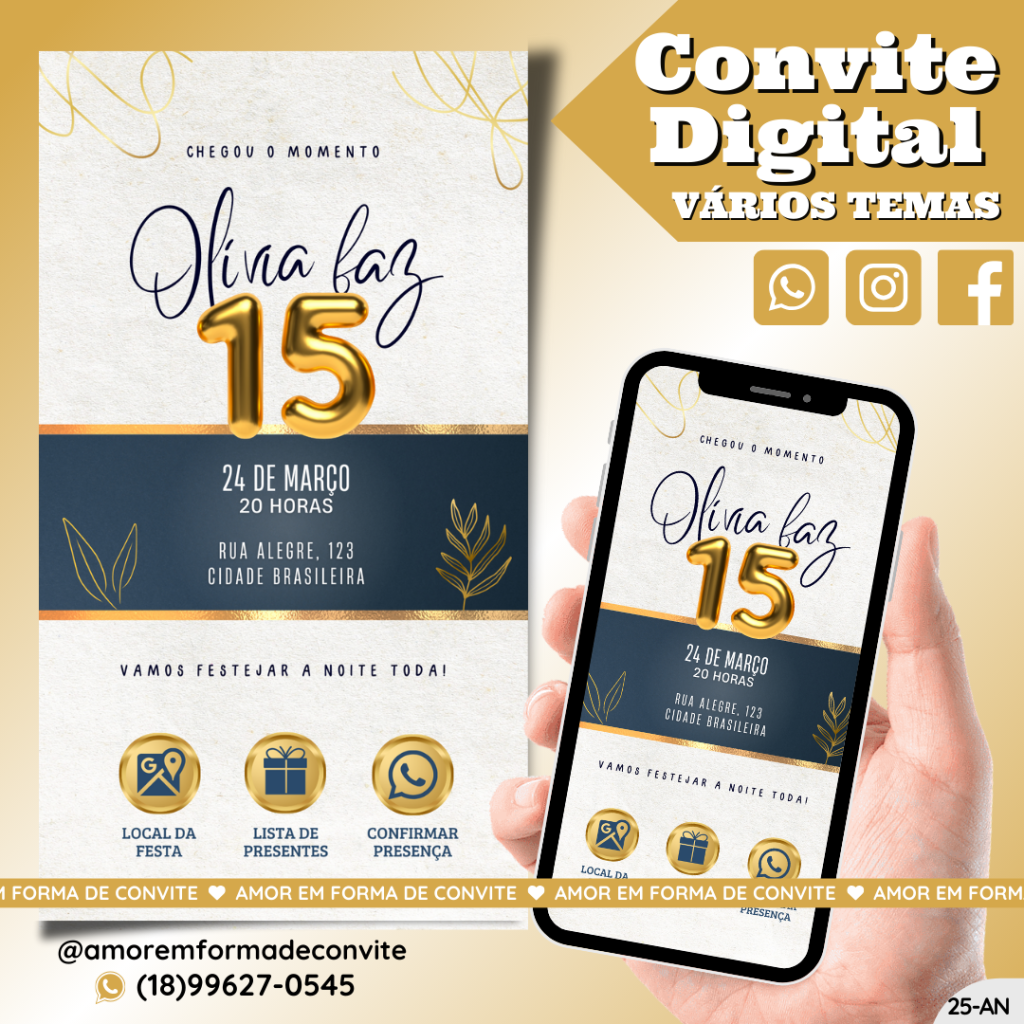 Convite de Aniversário - 15 Anos Dourado e Azul - 25-AN