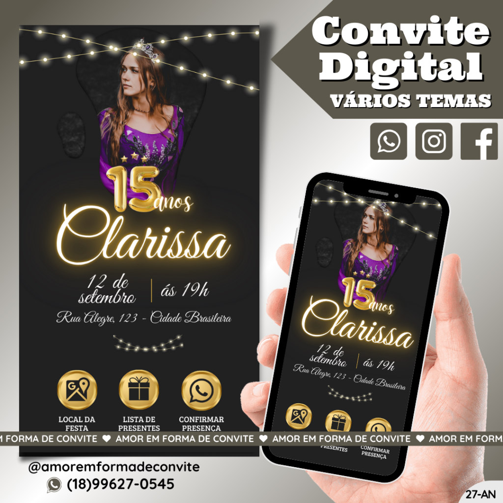 Convite de Aniversário - 15 Anos Preto e Dourado com Foto - 27-AN