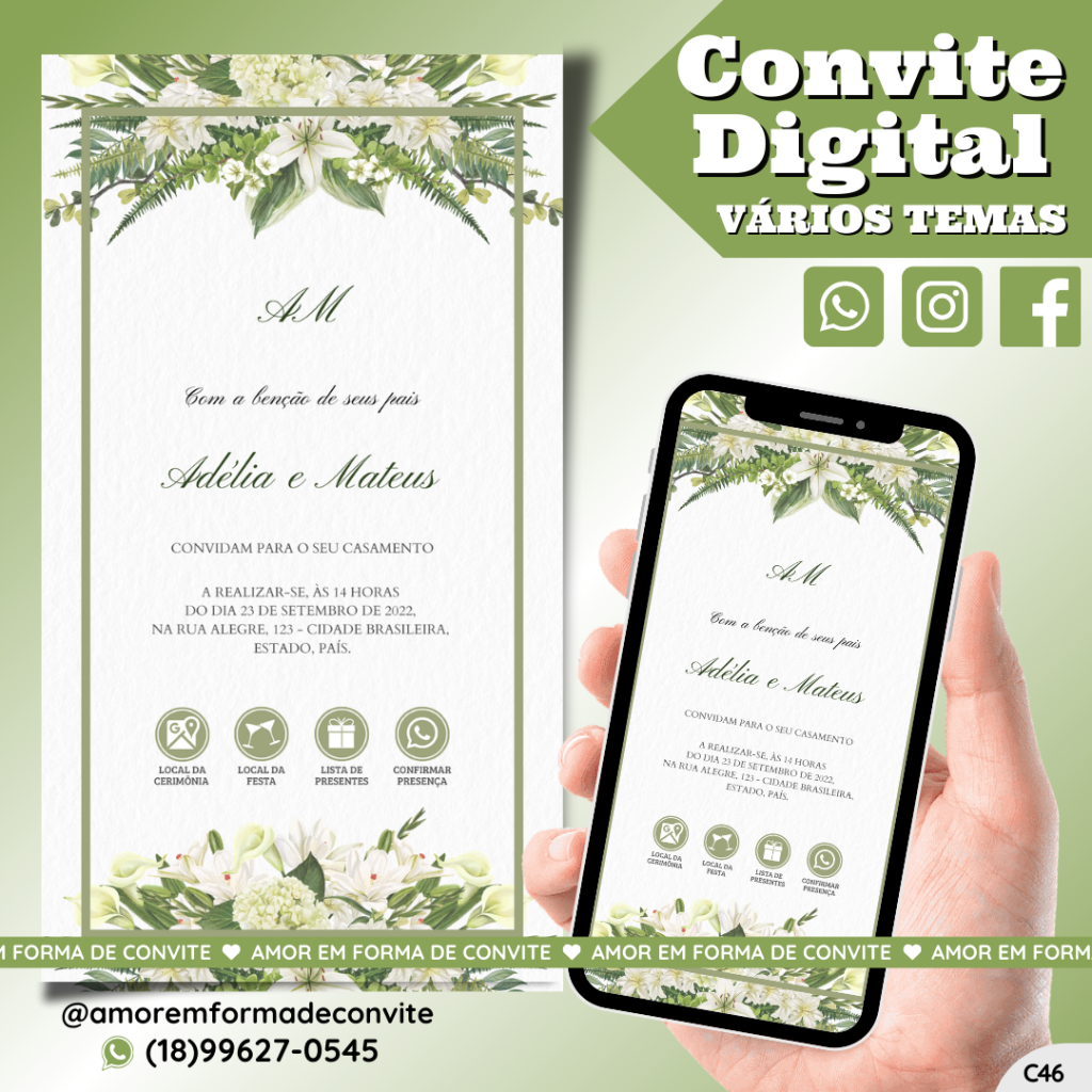 Convite Virtual Digital Interativo Floral Verde e Branco - C46