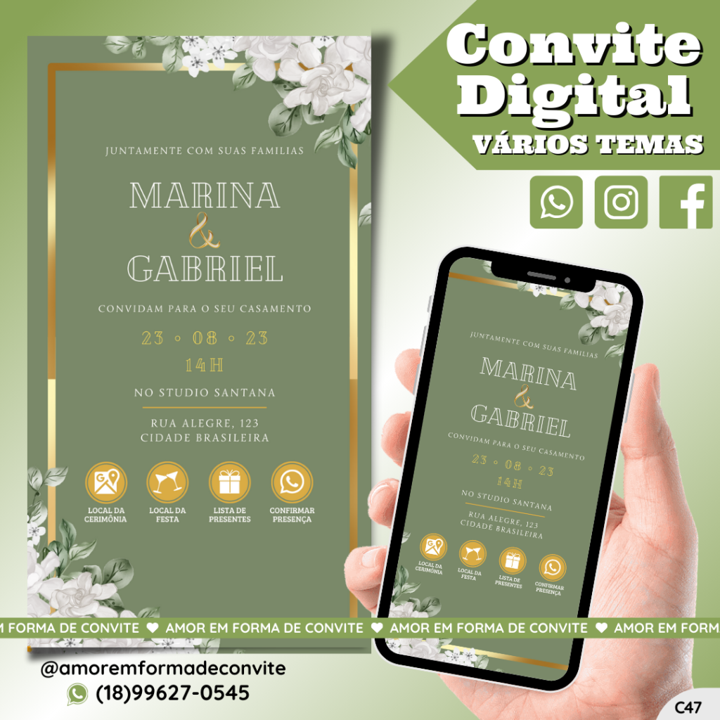 Convite Virtual Digital Interativo Floral Branco - C47