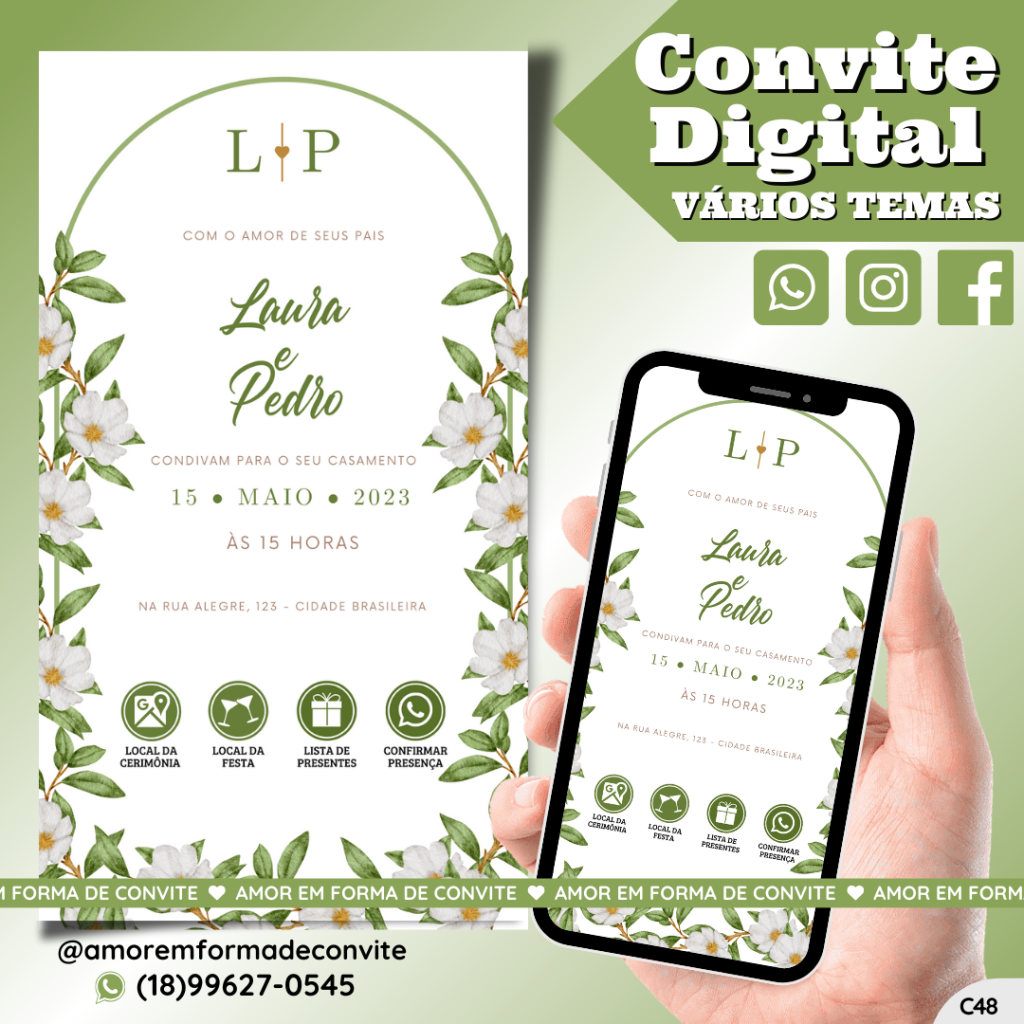 Convite Virtual Digital Interativo Floral Verde e Branco - C48