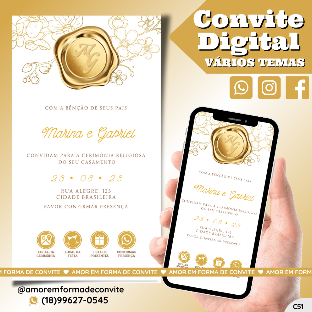 Convite Virtual Digital Interativo Cera Dourada - C51
