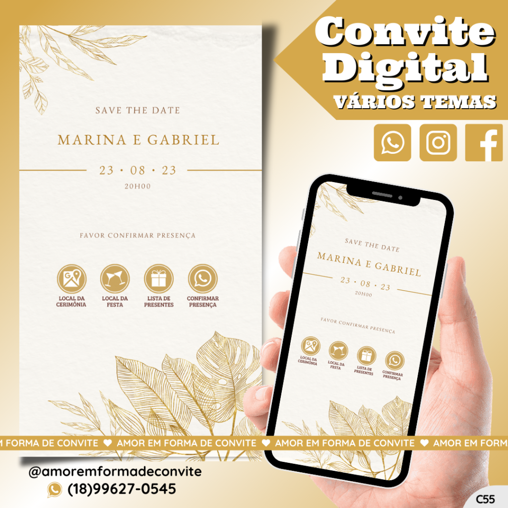 Convite Virtual Digital Interativo Floral Dourado - C55