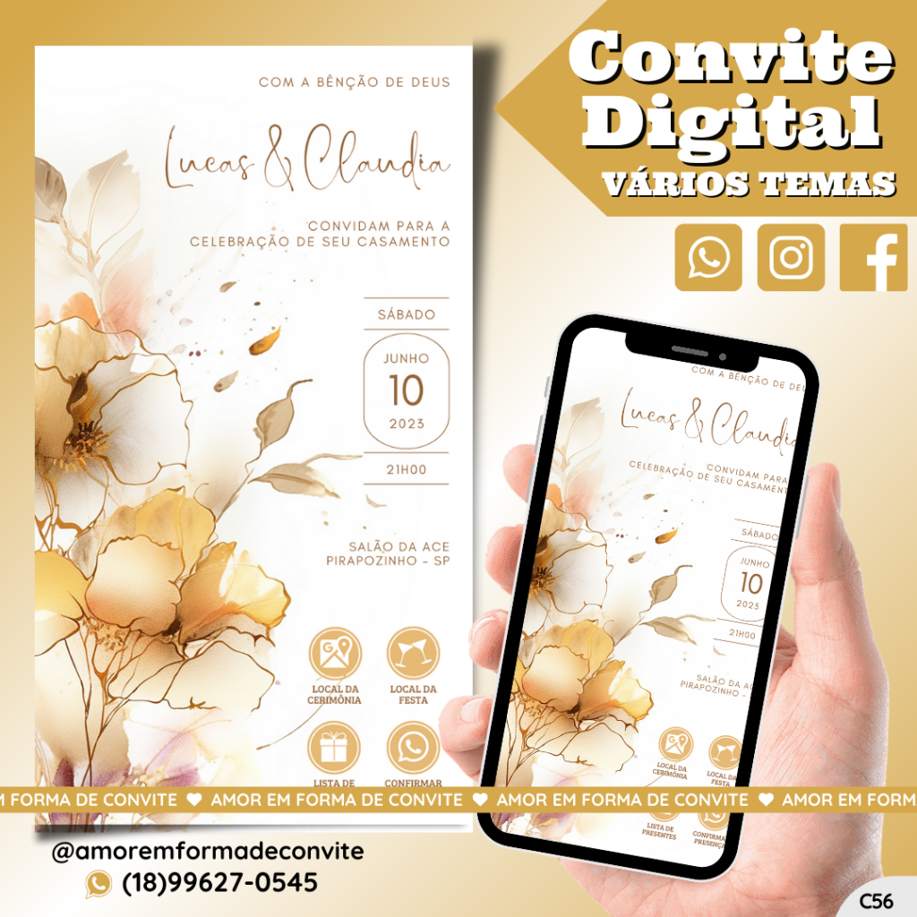 Convite Virtual Digital Interativo Floral Dourado - C56