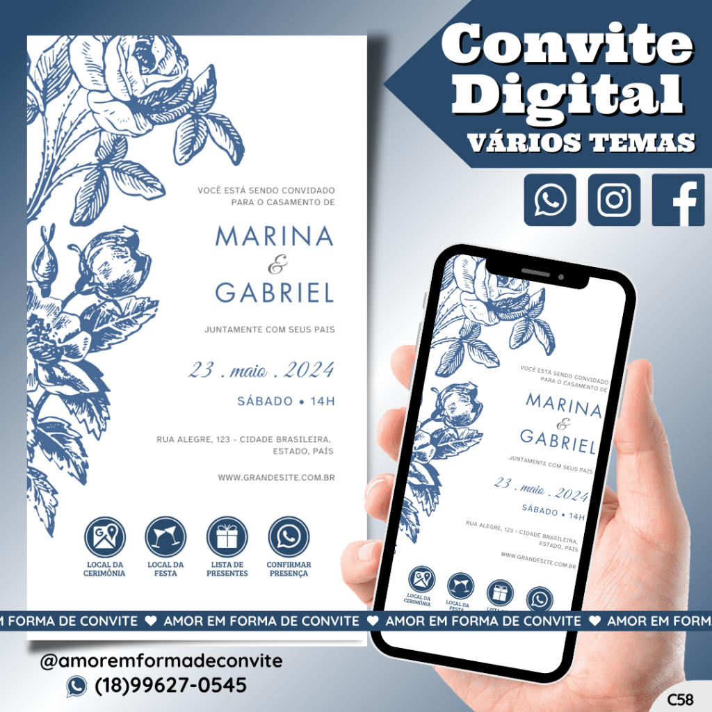 Convite Virtual Digital Interativo Floral Azul - C58