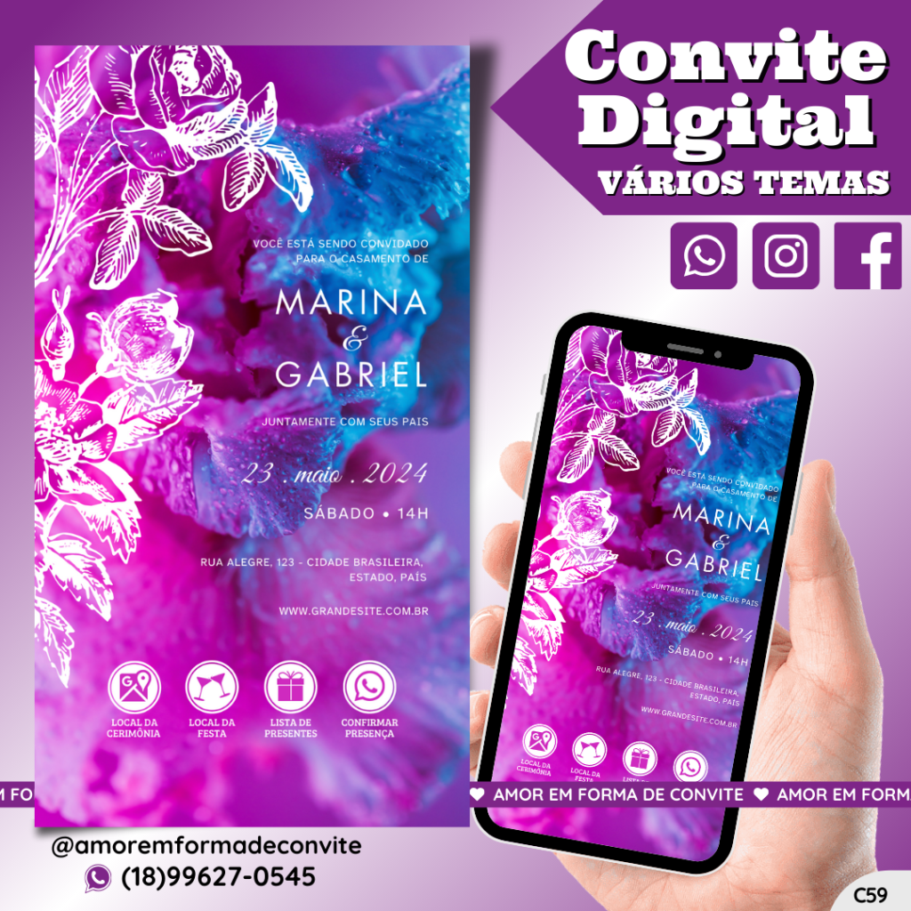 Convite Virtual Digital Interativo Roxo e Azul - C59