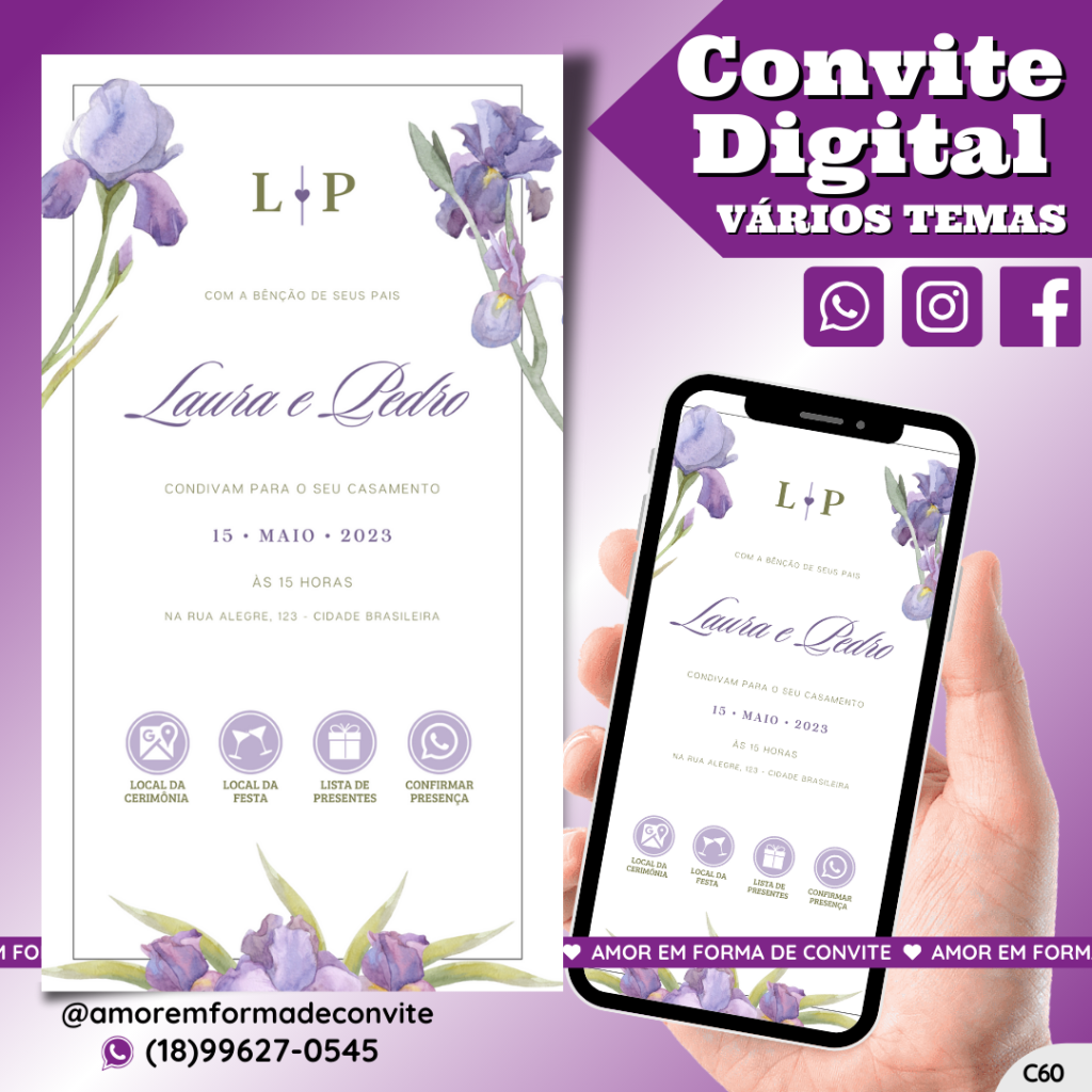 Convite Virtual Digital Interativo Floral Lilás - C60